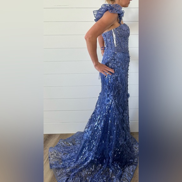 Periwinkle Sherri Hill Ruffle Sleeve Sequin Lace Dress - Picture 5 of 17